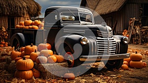 Pumpkins surround a vintage truck in a fall barn country setting - generative AI