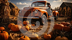 Pumpkins surround a vintage truck in a fall barn country setting - generative AI