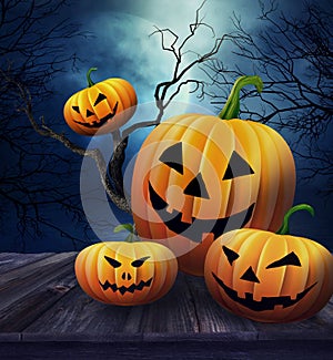 Pumpkins on table with Halloween background