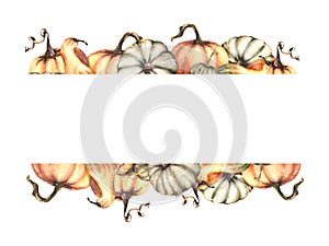 Pumpkins textless banner Autumn vegetables harvest Isolated watercolor illustration white background