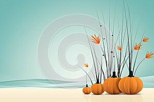 pumpkins in vases with flowers on a blue background