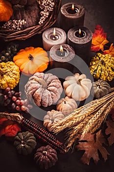 Pumpkins on wooden table - Thanksgiving, fall themed holiday table setting arrangement for a seasonal party