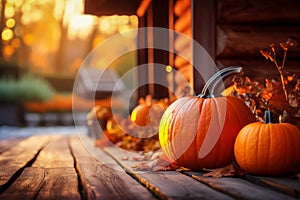 Pumpkins on wooden terrace of country house
