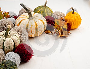 Pumpkins and yarn pompoms with space for your text - autumn themed background