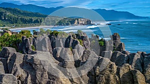 The Punakaiki Pancake Rocks on the west coast of the South Island of New Zealand.