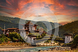 Punakha Dzong at the Mo Chhu river in Bhutan