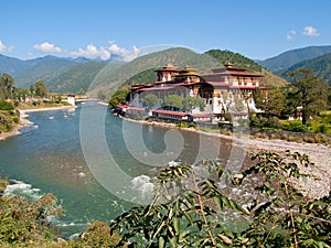 Punakha Dzong and the Mo Chhu river in Bhutan
