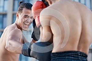 Punch, boxing match or strong man fighting in sports training, body exercise or fist punching with power. Men, boxers or