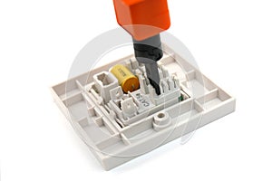 Punch-down tool on RJ45 wall socket