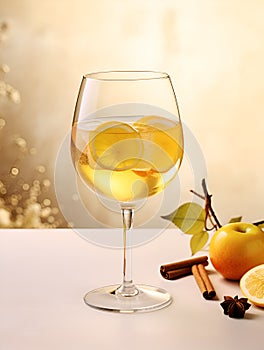 Punch drink vertical banner. Alcoholic cocktail with rum, fruits, lemon and spices on pastel light background. White wine fall