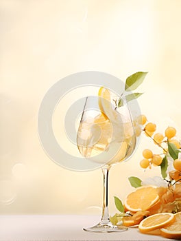 Punch drink vertical banner. Alcoholic cocktail with rum, fruits, lemon and spices on pastel light background. White wine fall