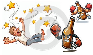 Punch drunk man swoon stars chased angry fierce beer bottles boxing gloves photo