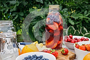 Punch made from organic fruits and berries. Refreshing alcohol-free summer drink with ice and fruit juice. Homemade drink