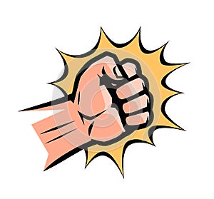 Punch, pop art retro comic style. Clenched fist, cartoon vector illustration