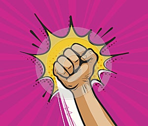 Punch, raised up clenched fist in retro pop art. Comic style vector illustration.