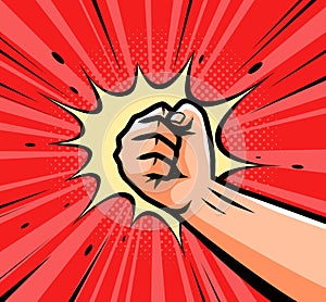 Punch, raised up clenched fist in retro pop art. Comic style vector illustration