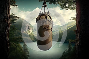 punching bag dangled from tree branch, with view of scenic forest