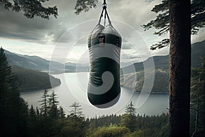 punching bag dangled from tree branch, with view of scenic forest