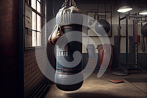 punching bag, with pair of boxing gloves hanging from it, in gym or fitness studio setting