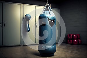 punching bag, with pair of boxing gloves hanging from it, in gym or fitness studio setting