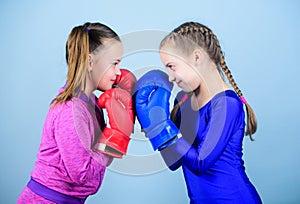 Punching knockout. Childhood activity. Fitness diet. energy health. workout of small girls boxer in sportswear. Sport