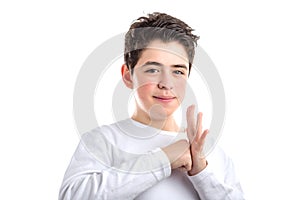 Punching a palm gesture by Caucasian smooth-skinned boy