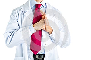 Punching a palm gesture by doctor in white coat