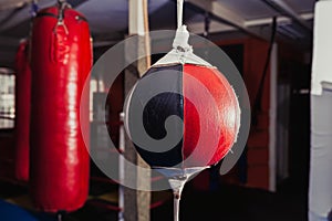 Punching and speed bags in boxing gym hanging, red and black