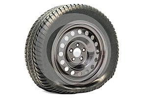 Punctured car wheel, flat tire. 3D rendering