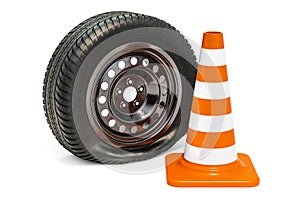 Punctured car wheel with traffic cone. 3D rendering