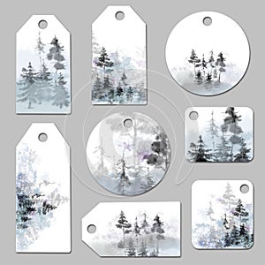 Punctured Labels and tags with Forest Landscape.