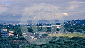 Pune aerial landscape view with green skyline city, Maharashtra, India