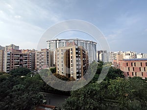 Pune, India - Nov 25 2021: Office and residential buildings in the evening at Pune India, Cityscape with modern apartment