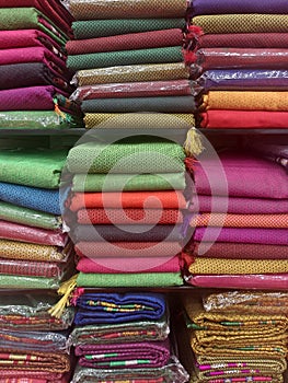 Pune, Maharashtra, India, 14 September 2022, Saree Shop during festival, traditional Indian clothes, colorful sarees at the market
