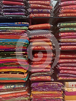 Pune, Maharashtra, India, 14 September 2022, Saree Shop during festival, traditional Indian clothes, colorful sarees at the market