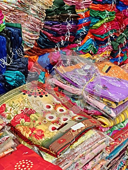 Pune, Maharashtra, India, 14 September 2022, Saree Shop during festival, traditional Indian clothes, colorful sarees at the market