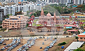 Aerial view of cars parked and side of Shree Swaminarayan temple photo
