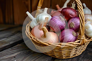 Pungent Basket onion garlic. Generate Ai photo