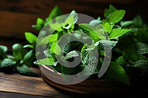 Pungent Mint herbs wooden. Generate Ai photo