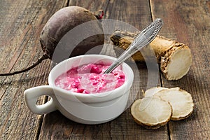 Pungent spice prepared of horseradish with beets