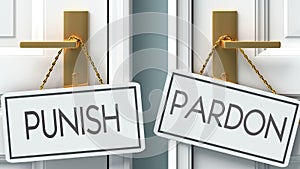Punish and pardon as a choice - pictured as words Punish, pardon on doors to show that Punish and pardon are opposite options