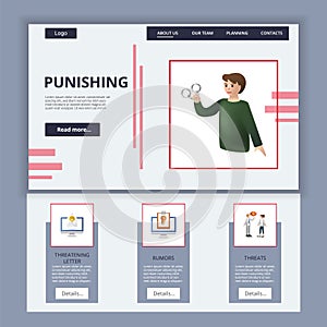 Punishing flat landing page website template. Threatening letter, rumors, threats. Web banner with header, content and photo