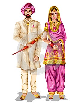 Punjabi wedding couple in traditional costume of Punjab, India