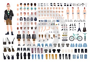 Punk DIY or constructor kit. Set of young male character or teenager body parts, emotions, postures, outfit, subculture