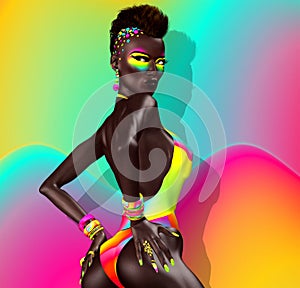 Punk Fashion Power. Mohawk hair,long legs, colorful cosmetics and matching background. photo