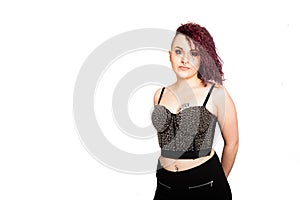 Punk girl isolated on white. Cool hairstyle. Copyspace
