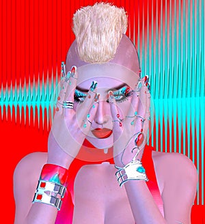 Punk girl with Mohawk hairstyle on colorful abstract background.