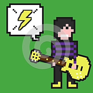 Punk guitarist with pixel art.