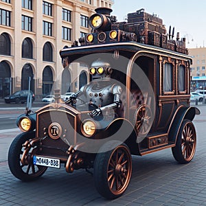 punk luxury carriage driven by robot butler pulled by fake horse from dystopian future scene