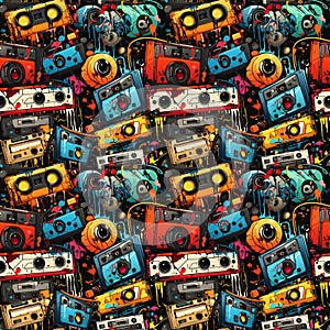 Punk revival seamless pattern tile design with retro music design elements